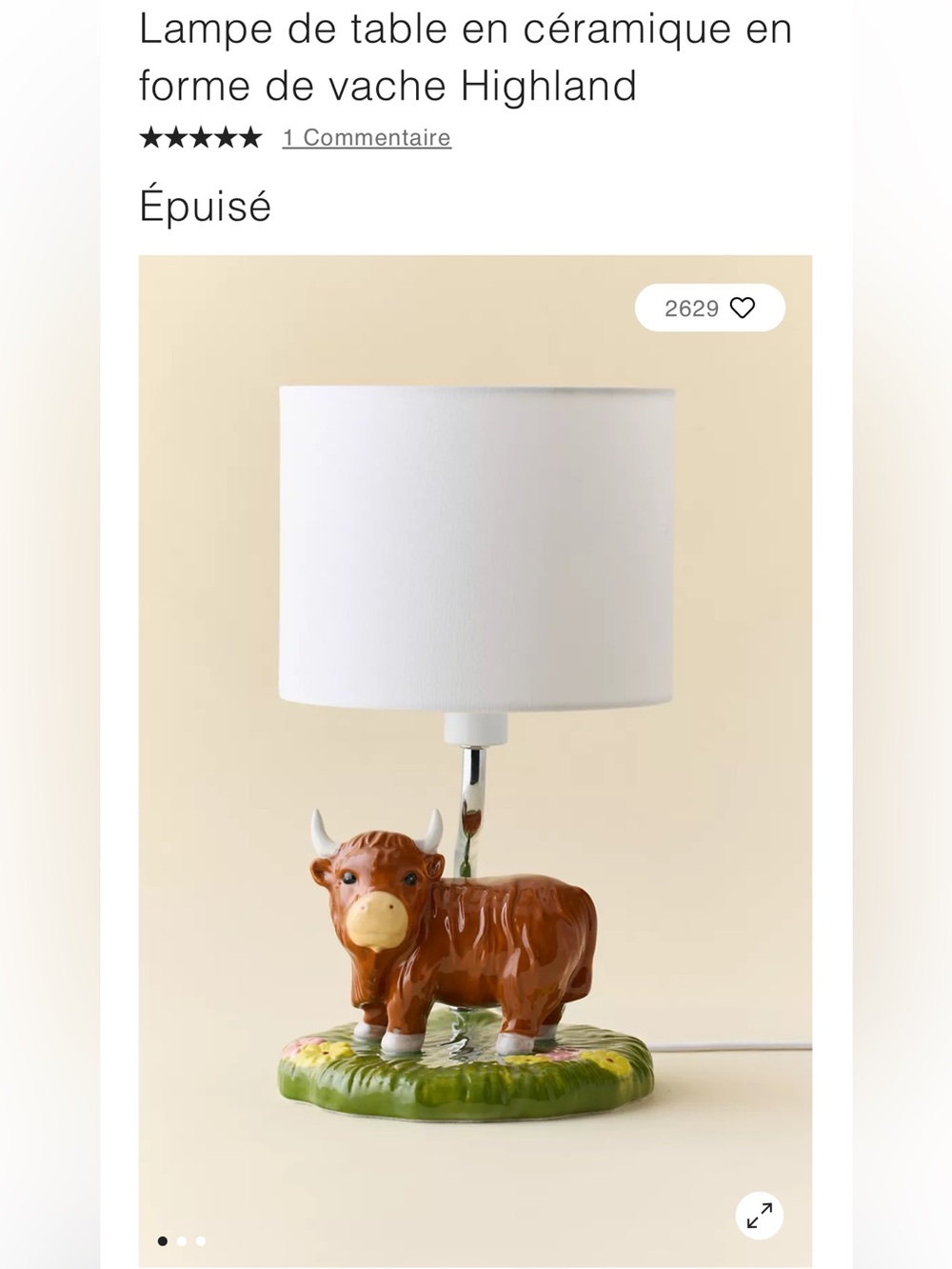 Brown Ceramic Highland Cow Table Lamp with White Shade
